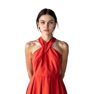CeCe Coral Halter Neck Pleated Fit Flare Dress Size 2
